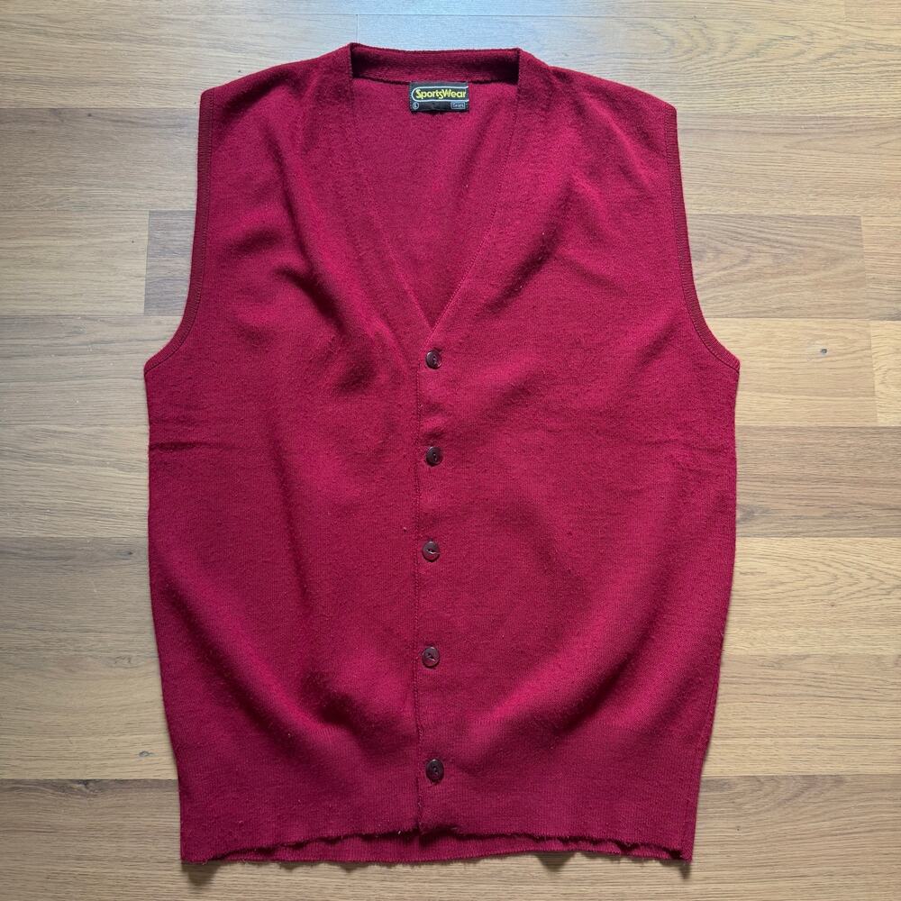 Men's Vintage 80's Sears Sportswear Red Button Up Knit Sweater Vest Sz Large VTG